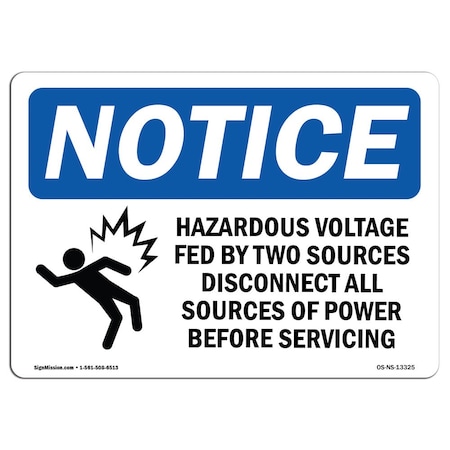 Signmission OSHA Sign, Hazardous Voltage Fed By Two With Symbol, 5in X 3.5in Decal, 3.5"W, 5" L, Landscape OS-NS-D-35-L-13325